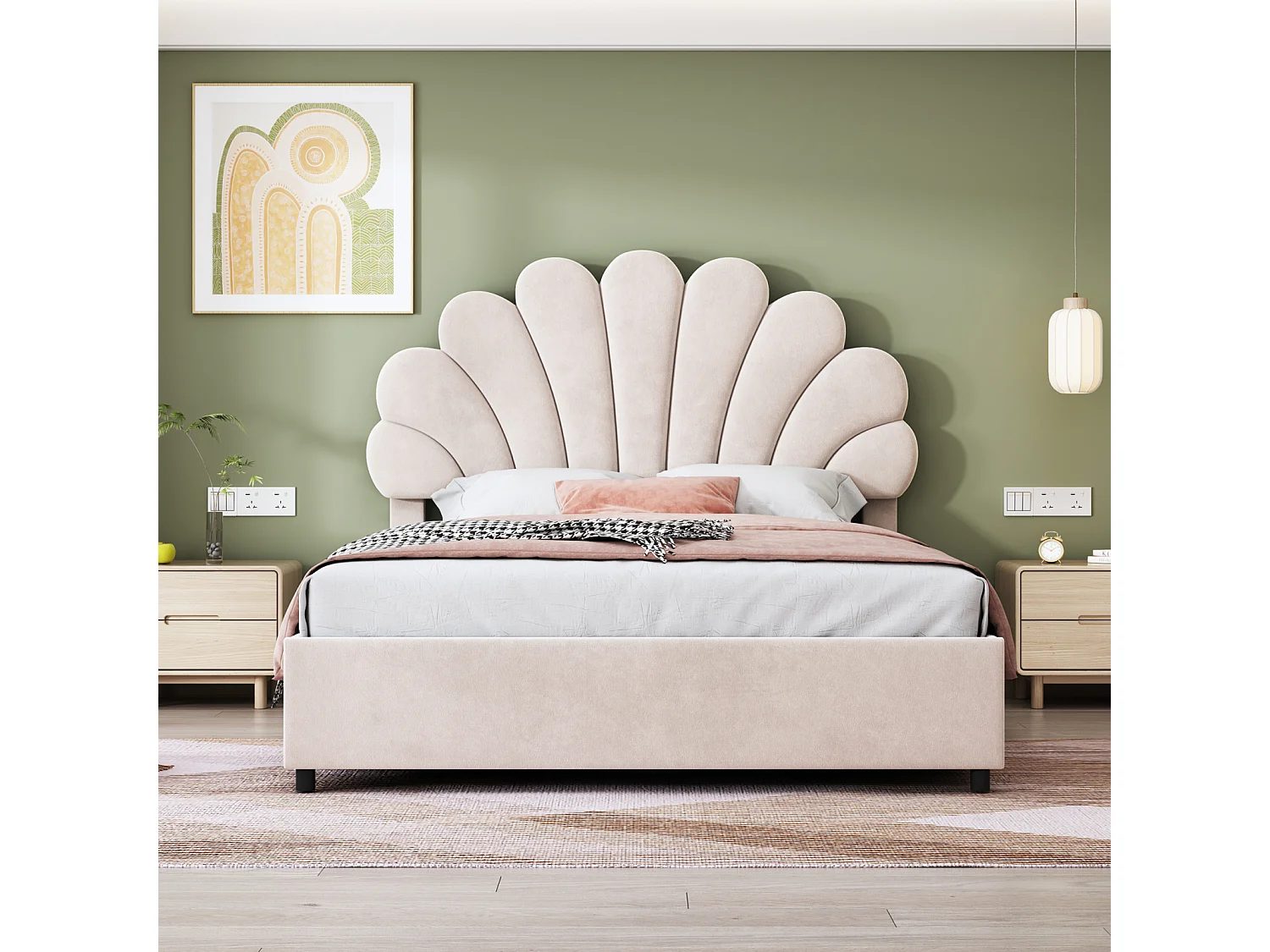 Lit Double 140x200cm Avec Tête de Lit en Forme de Fleur, Sommier à Lattes, Velours, Beige