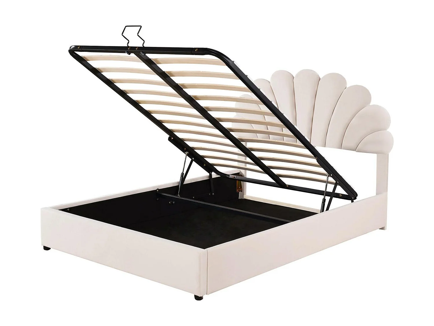 Lit Double 140x200cm Avec Tête de Lit en Forme de Fleur, Sommier à Lattes, Velours, Beige