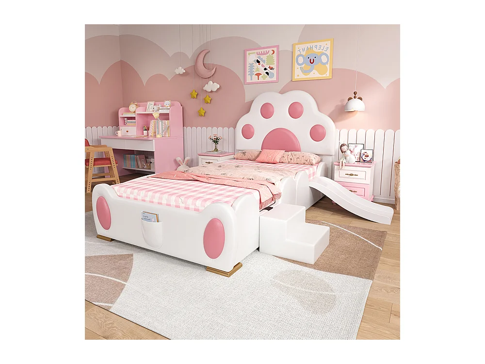 Lit enfant rembourré 90x200 tête de lit patte de chat avec toboggan et échelle deux marches surface PU blanc et rose