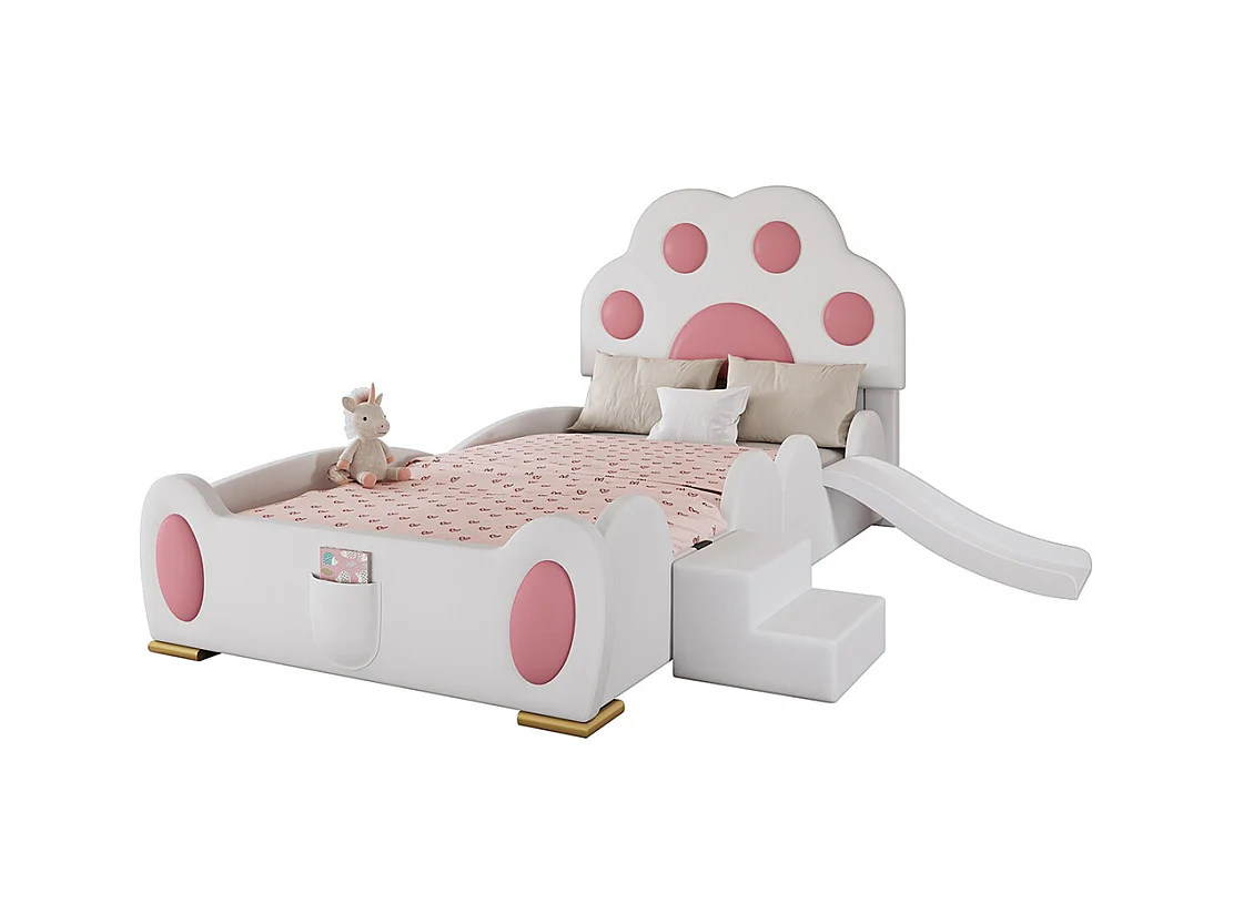 Lit enfant rembourré 90x200 tête de lit patte de chat avec toboggan et échelle deux marches surface PU blanc et rose