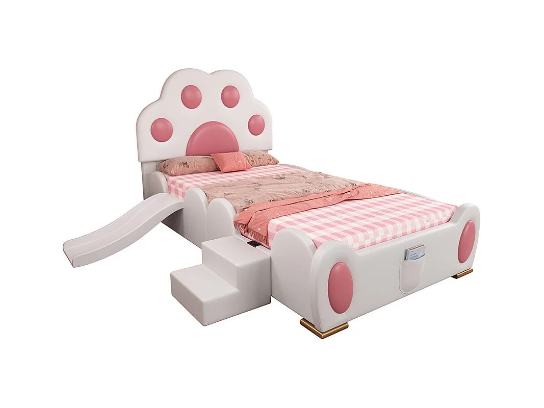 Lit enfant rembourré 90x200 tête de lit patte de chat avec toboggan et échelle deux marches surface PU blanc et rose
