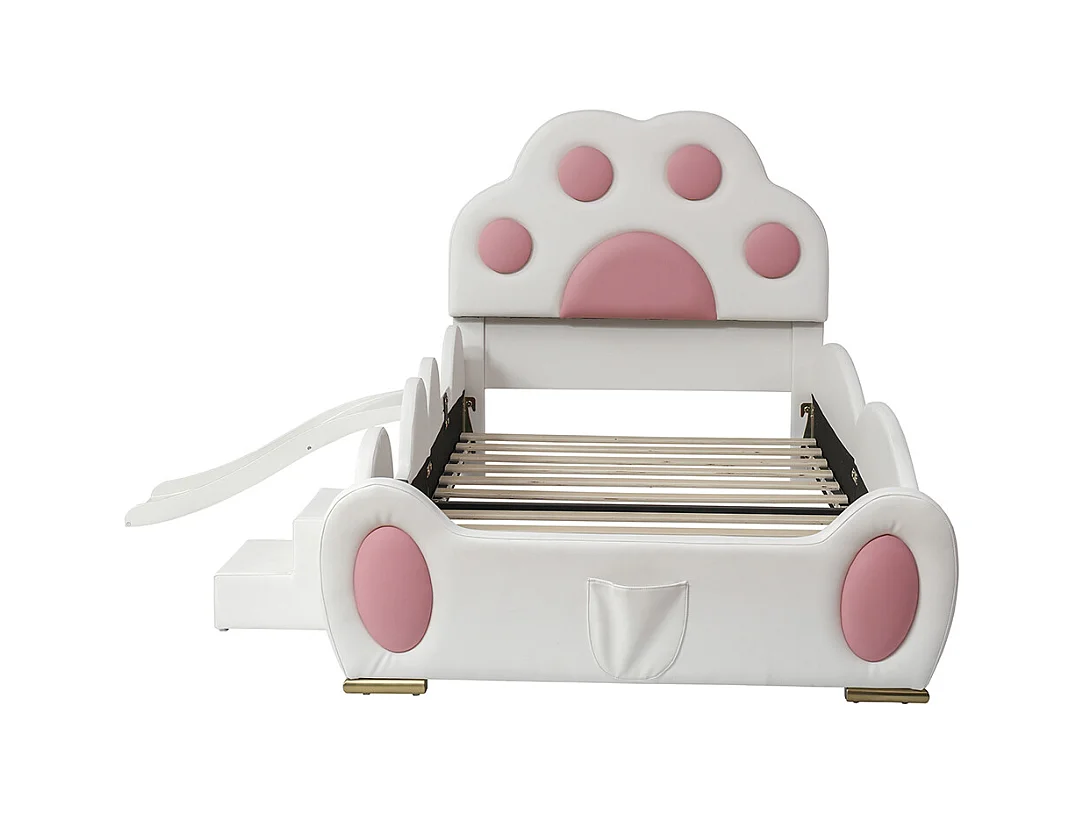 Lit enfant rembourré 90x200 tête de lit patte de chat avec toboggan et échelle deux marches surface PU blanc et rose