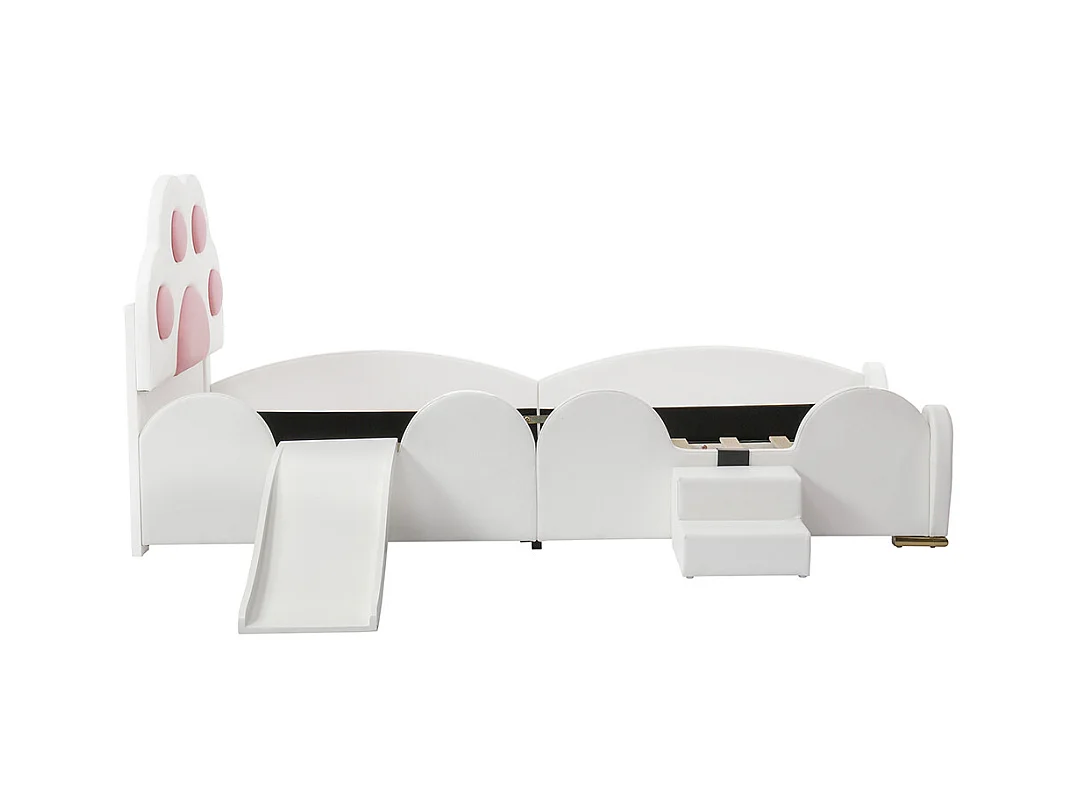 Lit enfant rembourré 90x200 tête de lit patte de chat avec toboggan et échelle deux marches surface PU blanc et rose