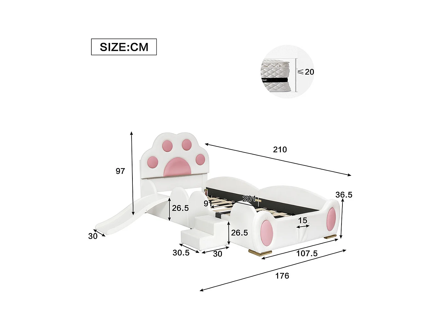 Lit enfant rembourré 90x200 tête de lit patte de chat avec toboggan et échelle deux marches surface PU blanc et rose