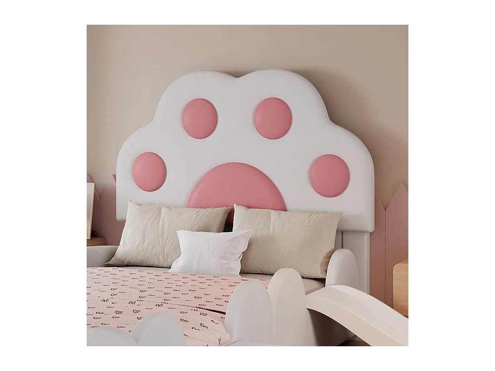 Lit enfant rembourré 90x200 tête de lit patte de chat avec toboggan et échelle deux marches surface PU blanc et rose