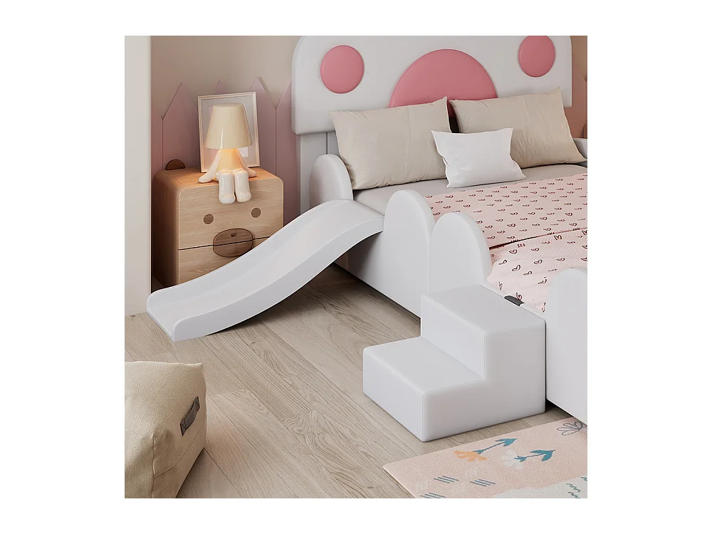 Lit enfant rembourré 90x200 tête de lit patte de chat avec toboggan et échelle deux marches surface PU blanc et rose