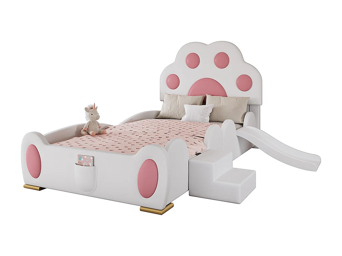 Lit enfant rembourré 90x200 tête de lit patte de chat avec toboggan et échelle deux marches surface PU blanc et rose