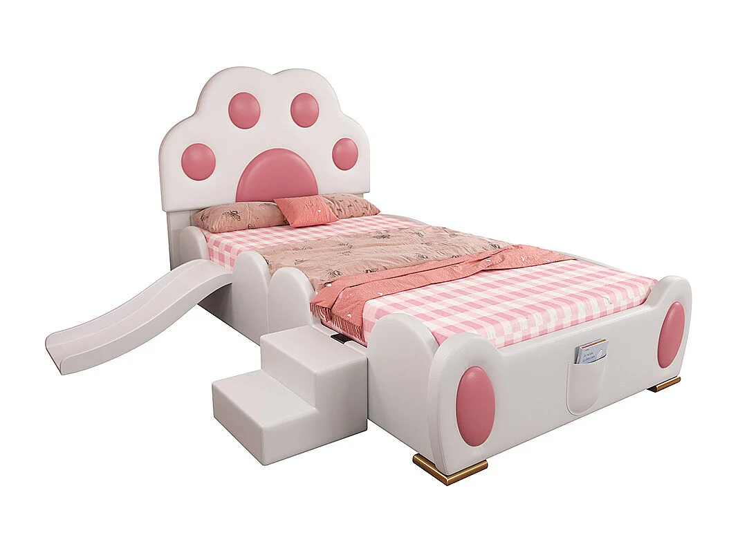 Lit enfant rembourré 90x200 tête de lit patte de chat avec toboggan et échelle deux marches surface PU blanc et rose