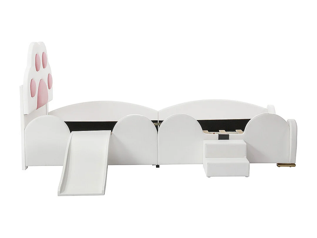 Lit enfant rembourré 90x200 tête de lit patte de chat avec toboggan et échelle deux marches surface PU blanc et rose