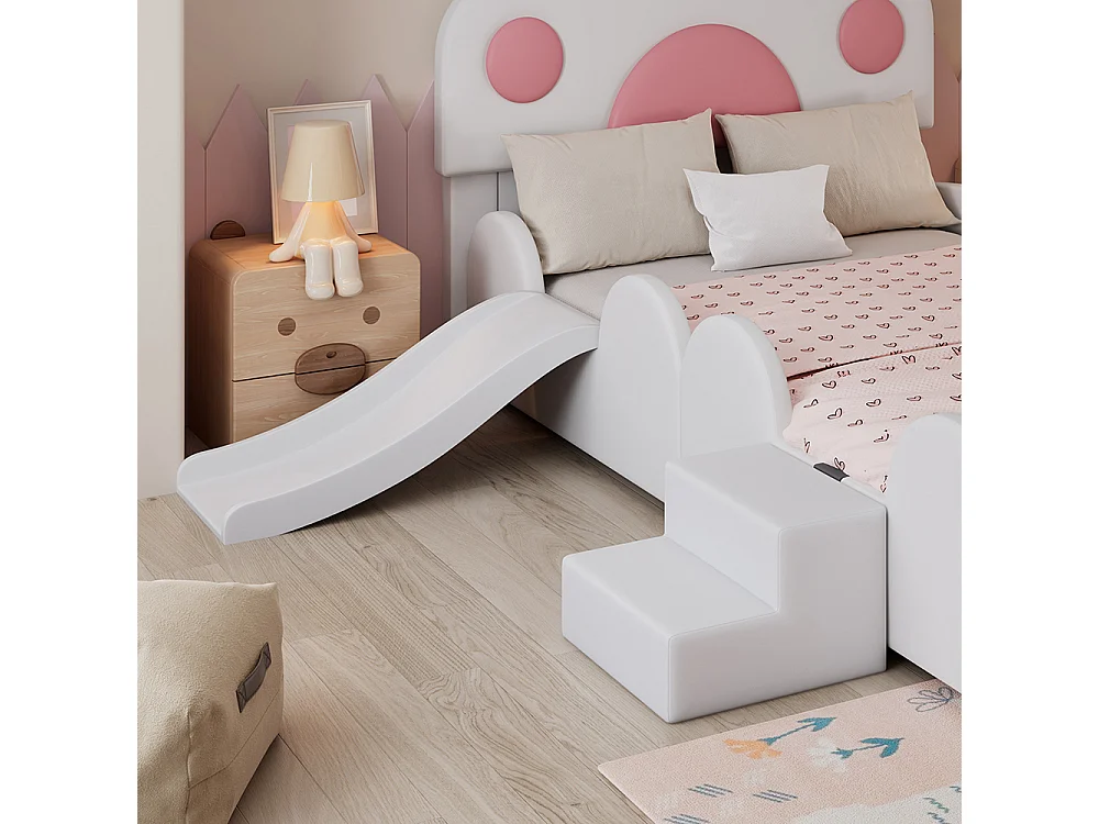 Lit enfant rembourré 90x200 tête de lit patte de chat avec toboggan et échelle deux marches surface PU blanc et rose
