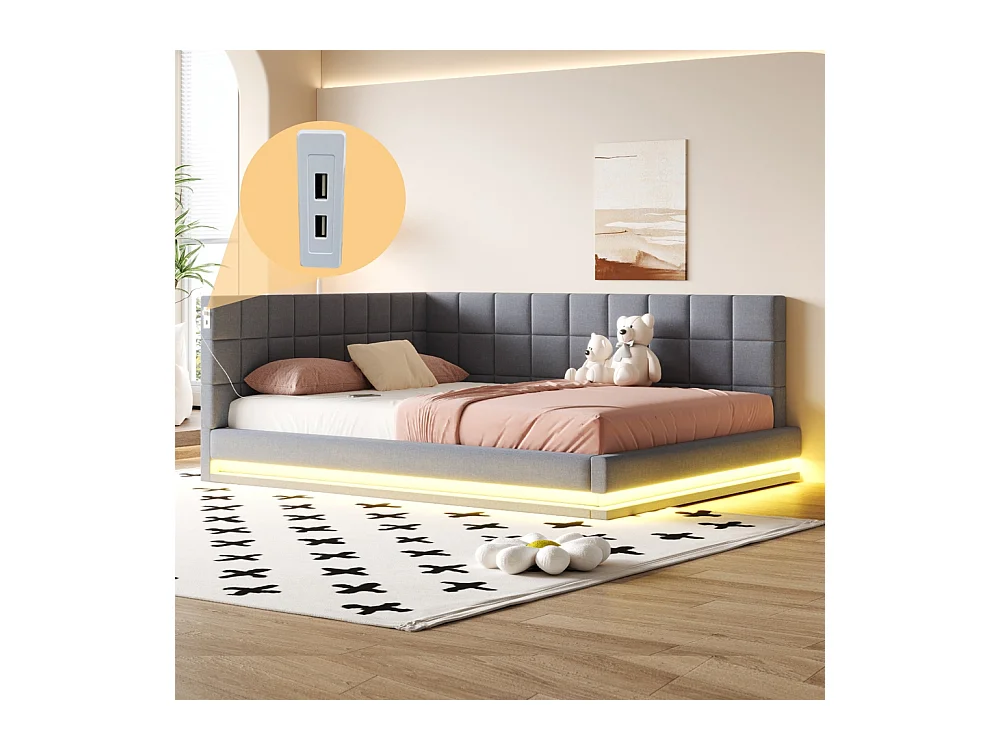 LIt double rembourré 160x200 avec bande lumineuse LED prise USB et sommier à lattes tissu velours agréable au toucher gris