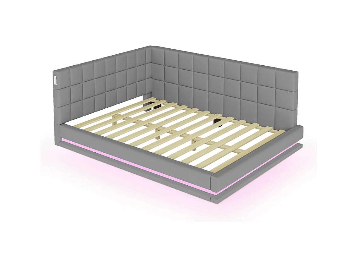 LIt double rembourré 160x200 avec bande lumineuse LED prise USB et sommier à lattes tissu velours agréable au toucher gris
