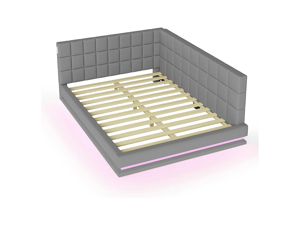 LIt double rembourré 160x200 avec bande lumineuse LED prise USB et sommier à lattes tissu velours agréable au toucher gris
