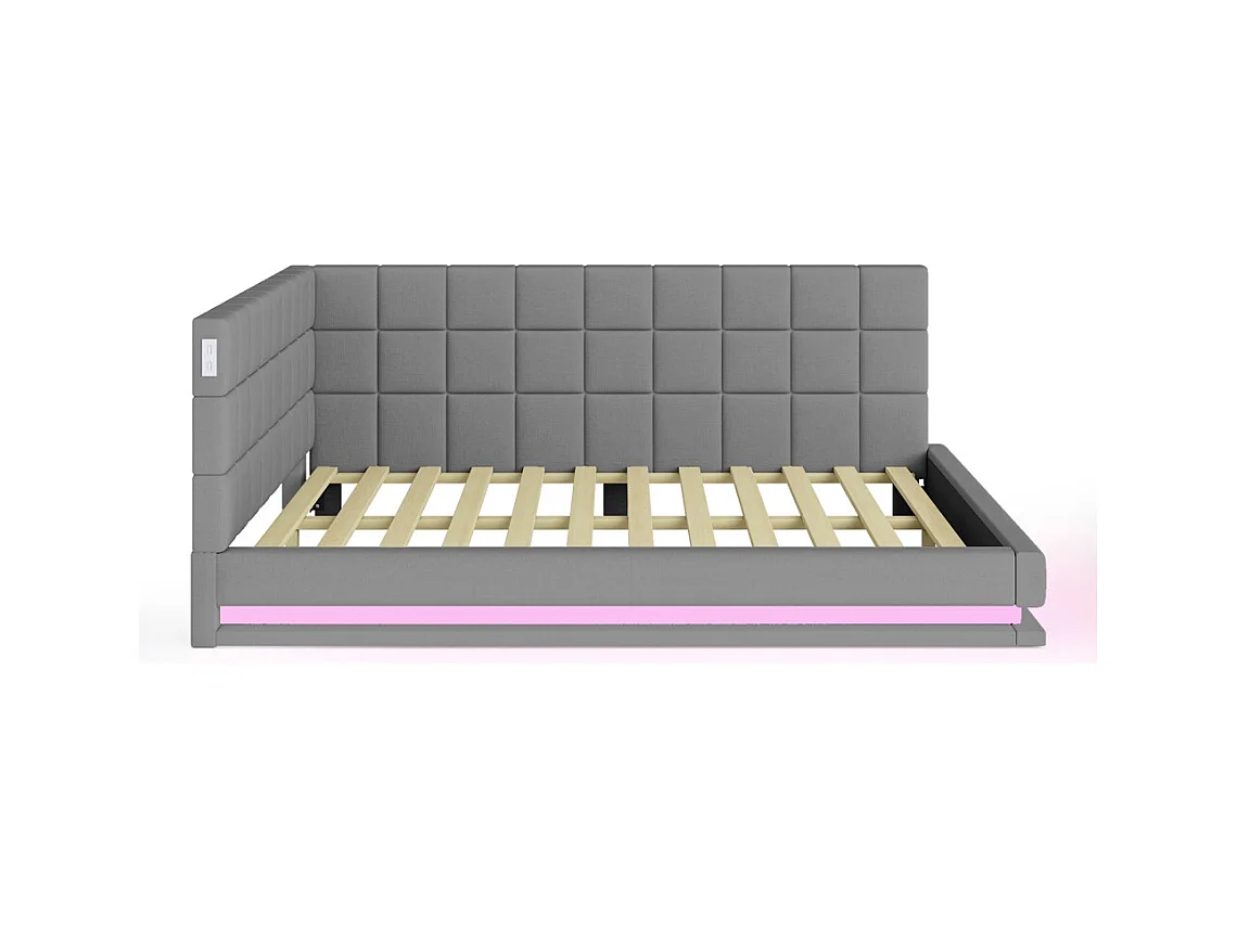 LIt double rembourré 160x200 avec bande lumineuse LED prise USB et sommier à lattes tissu velours agréable au toucher gris