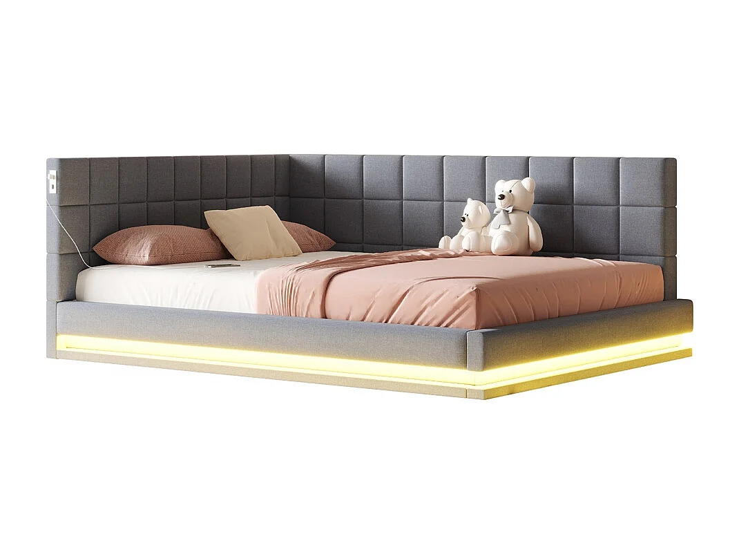 LIt double rembourré 160x200 avec bande lumineuse LED prise USB et sommier à lattes tissu velours agréable au toucher gris