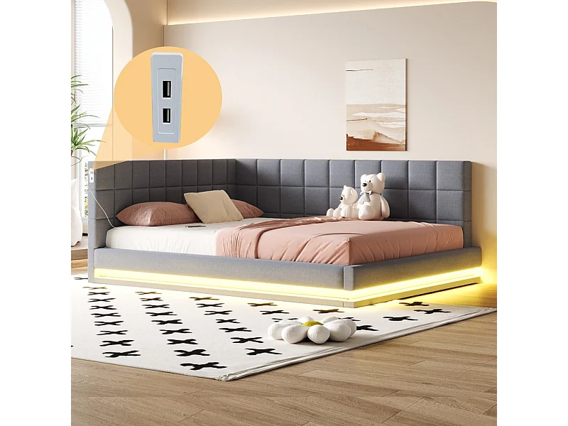 LIt double rembourré 160x200 avec bande lumineuse LED prise USB et sommier à lattes tissu velours agréable au toucher gris