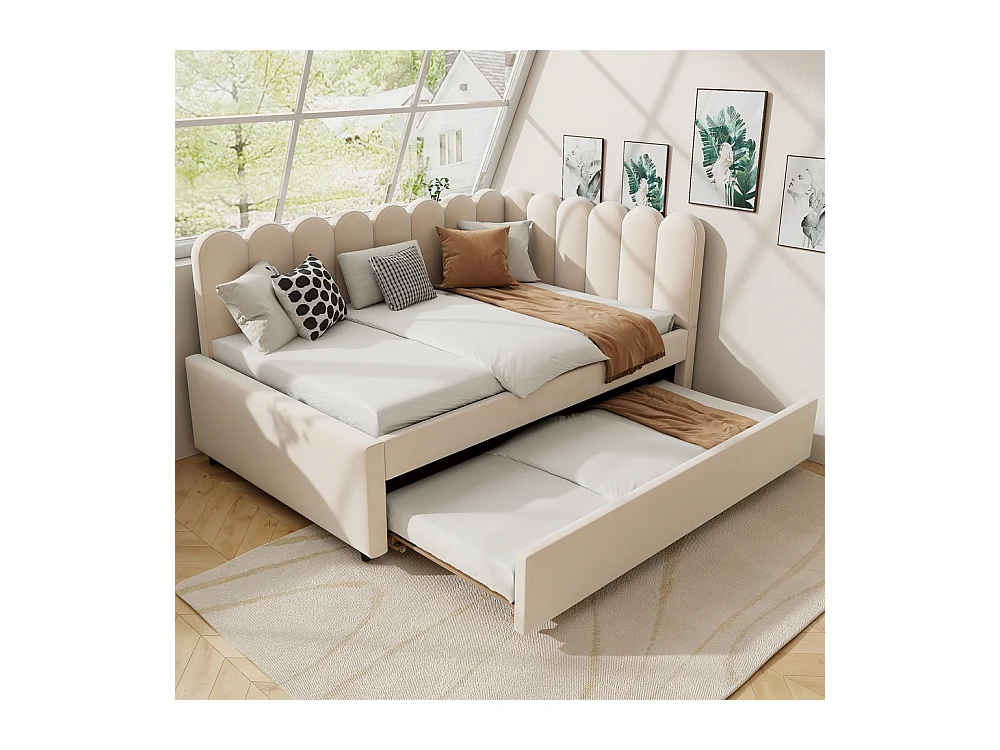 Lit gigogne rembourré en L 140x200 cm avec dossier à fleurs et lit enfant en velours beige