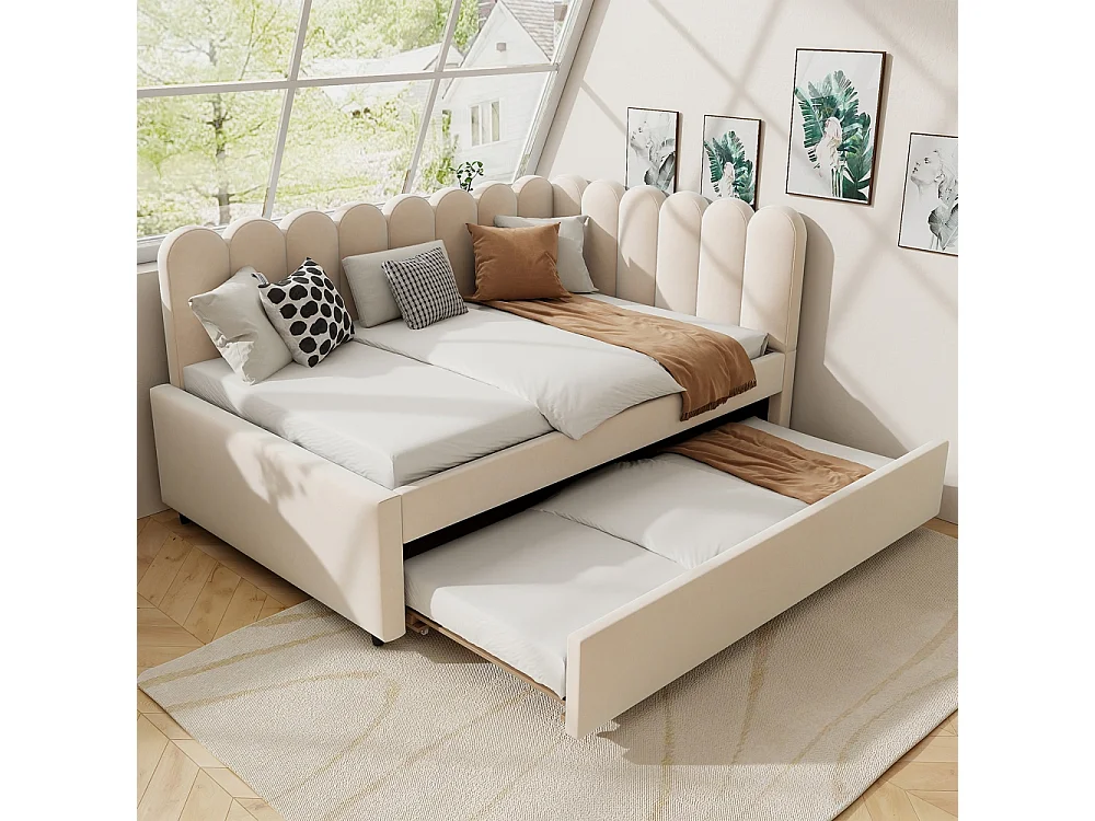 Lit gigogne rembourré en L 140x200 cm avec dossier à fleurs et lit enfant en velours beige