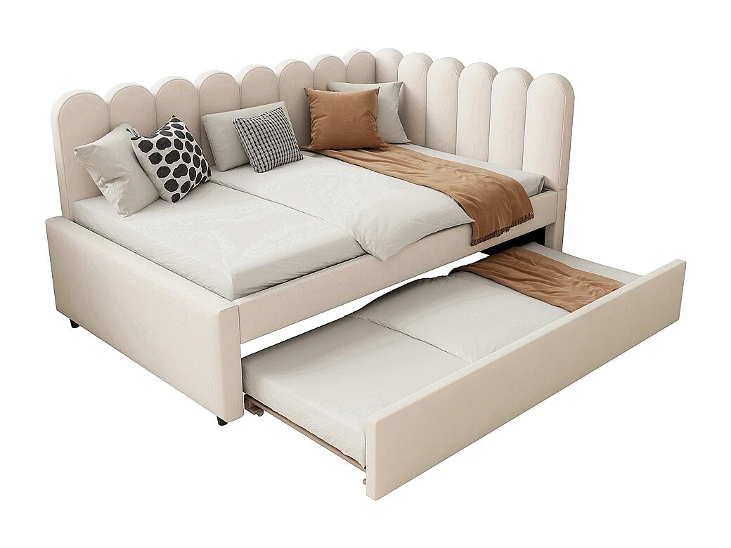 Lit gigogne rembourré en L 140x200 cm avec dossier à fleurs et lit enfant en velours beige