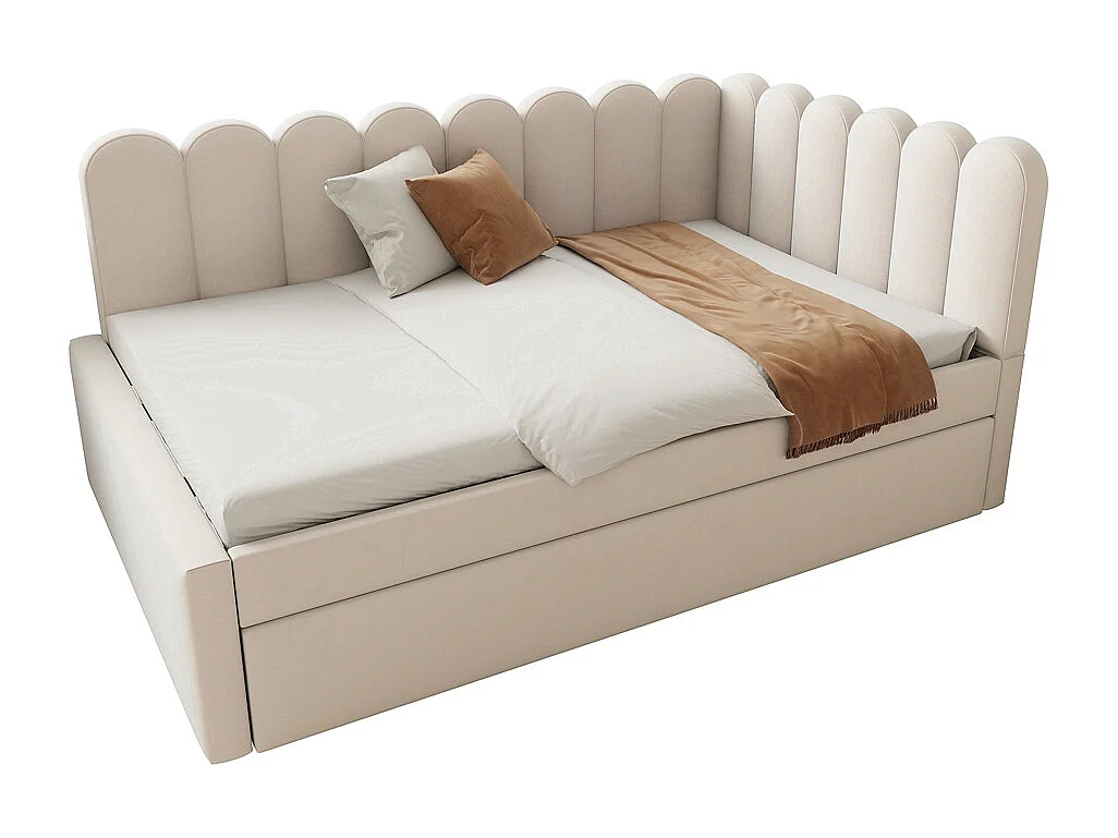 Lit gigogne rembourré en L 140x200 cm avec dossier à fleurs et lit enfant en velours beige