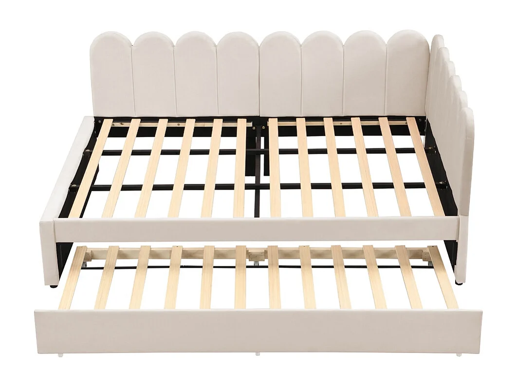 Lit gigogne rembourré en L 140x200 cm avec dossier à fleurs et lit enfant en velours beige