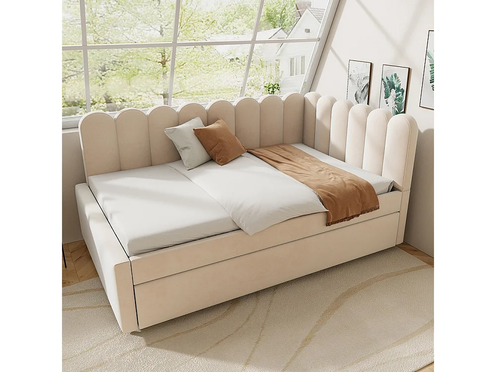 Lit gigogne rembourré en L 140x200 cm avec dossier à fleurs et lit enfant en velours beige