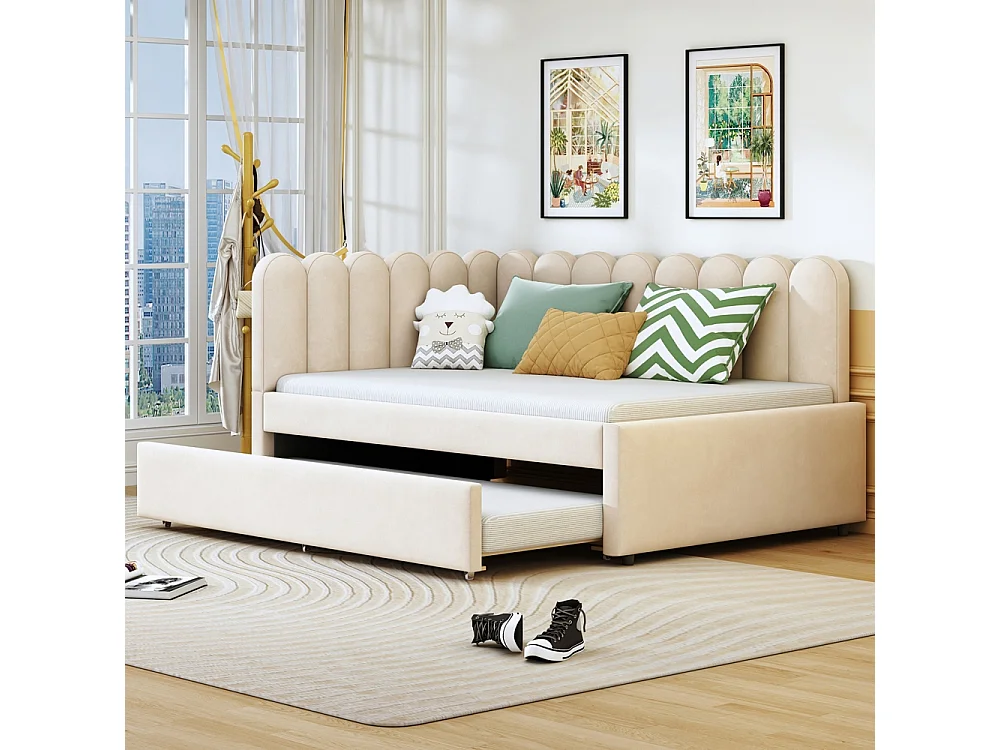 Lit gigogne rembourré en L 140x200 cm avec dossier à fleurs et lit enfant en velours beige