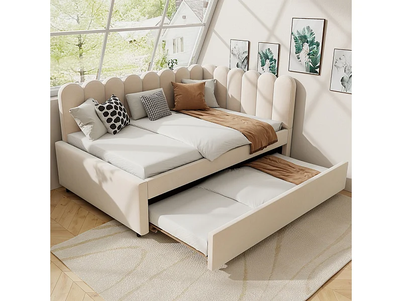 Lit gigogne rembourré en L 140x200 cm avec dossier à fleurs et lit enfant en velours beige