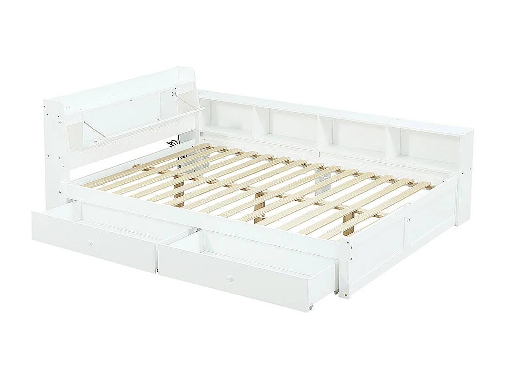 lit avec rangement 140x200 panneaux tête rangement 2 lampes prise recharge rangements tiroirs pin blanc