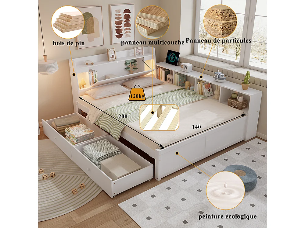 lit avec rangement 140x200 panneaux tête rangement 2 lampes prise recharge rangements tiroirs pin blanc