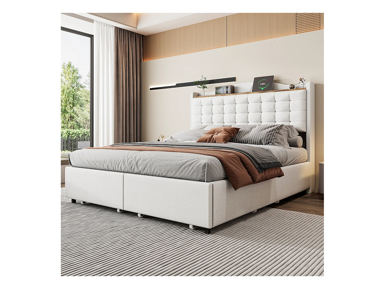 Cama 140 x 200 cm com arrumação e tomada USB - Estrutura com 4 gavetas e estrado de ripas, Bege