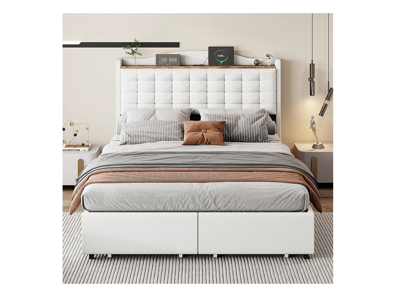 Cama 140 x 200 cm com arrumação e tomada USB - Estrutura com 4 gavetas e estrado de ripas, Bege