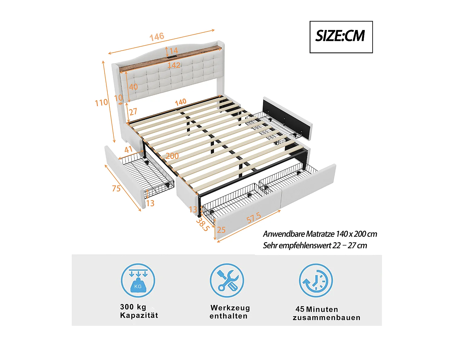 Cama 140 x 200 cm com arrumação e tomada USB - Estrutura com 4 gavetas e estrado de ripas, Bege