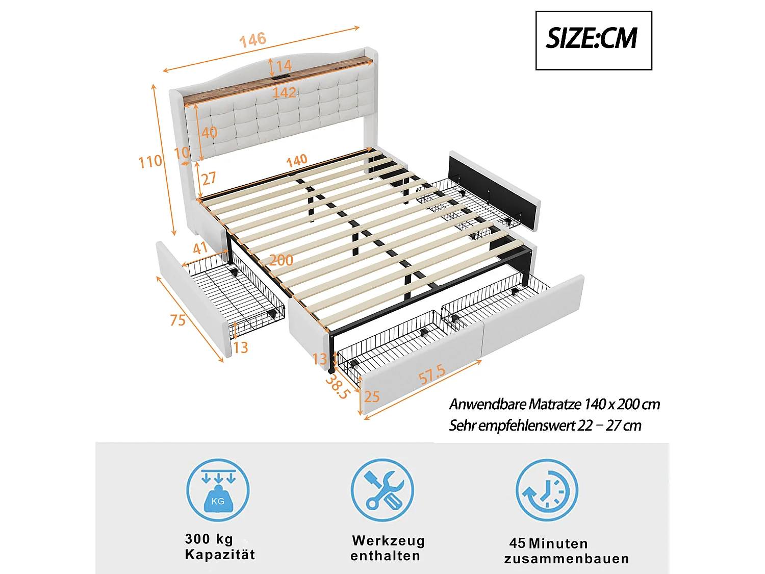 Cama 140 x 200 cm com arrumação e tomada USB - Estrutura com 4 gavetas e estrado de ripas, Bege