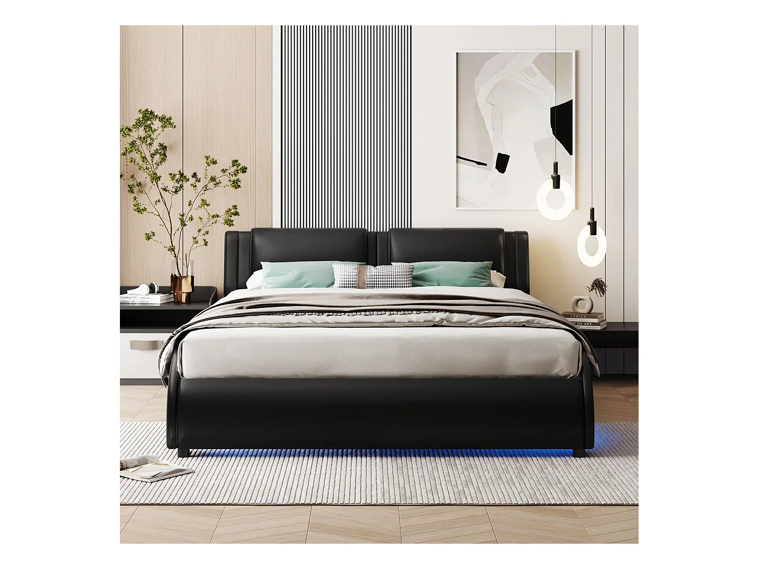 Letto 140x200 con base LED ad arco, con testiera, letto matrimoniale con doghe, PU, nero