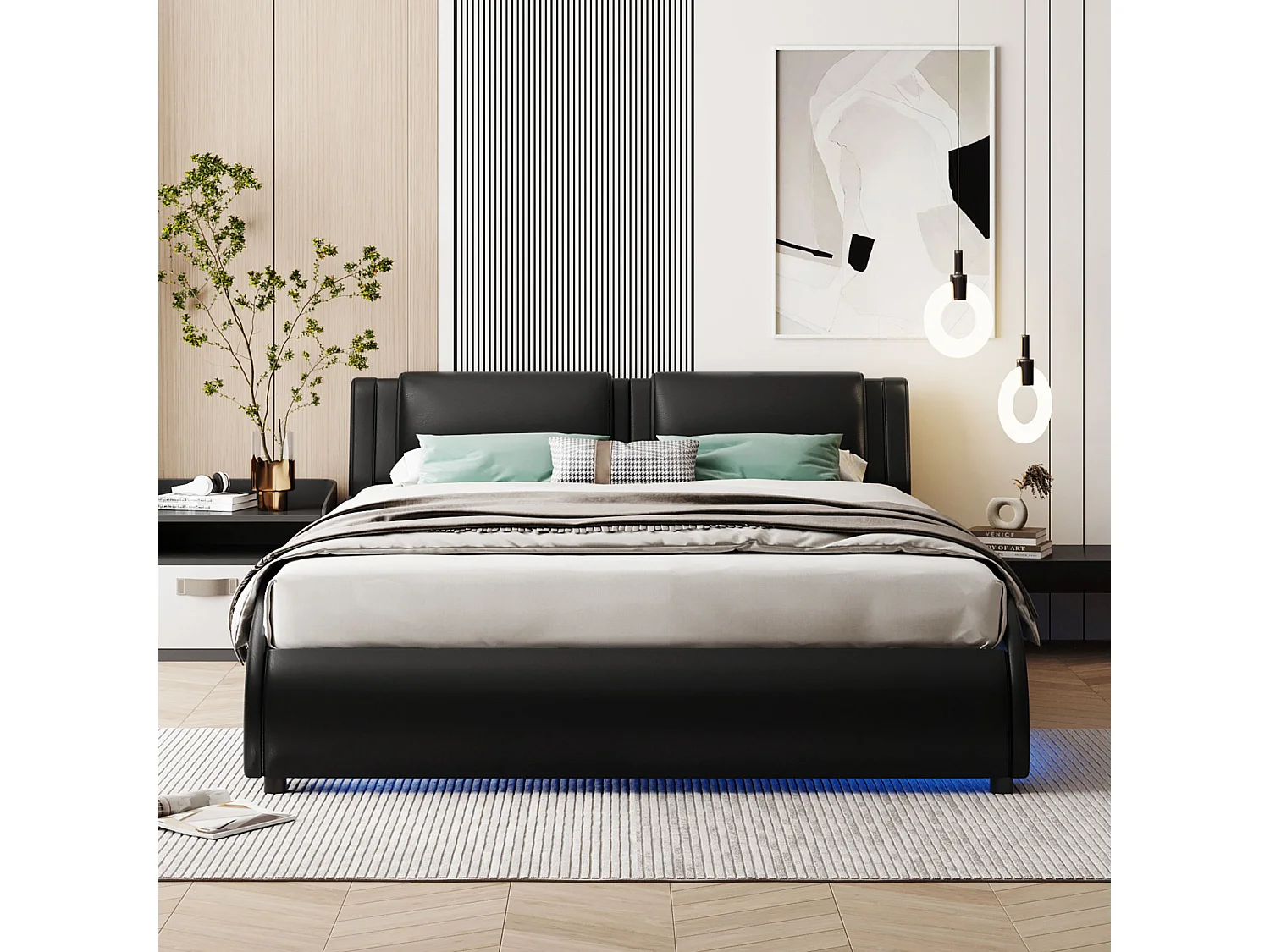 Lit 140x200 avec Sommier LED Design Arqué, avec Tete de Lit, Lit Double avec à Lattes, PU, Noir