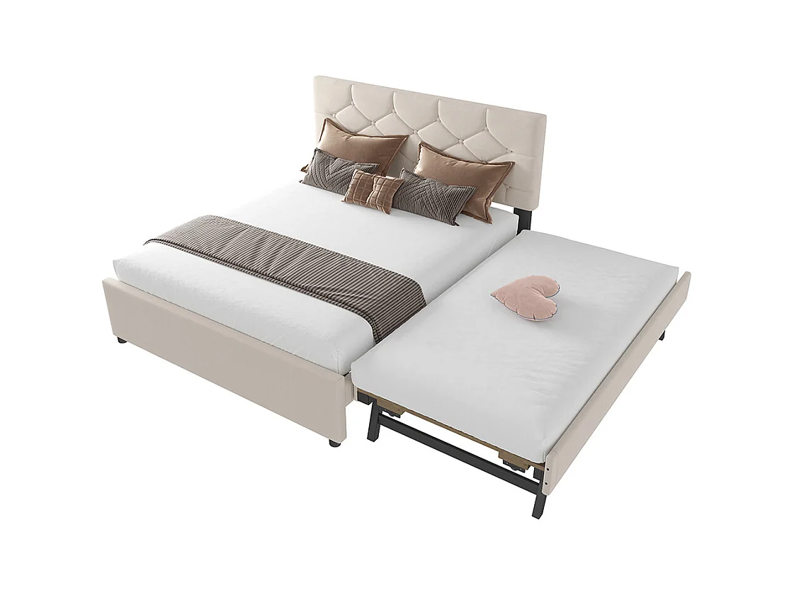 Lit gigogne rembourré 140x200 cm sommier à lattes tiroir à roulettes velours minimaliste beige sans matelas