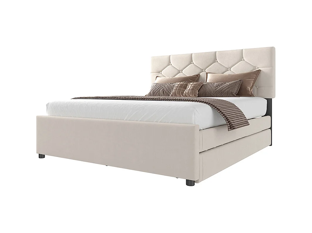 Lit gigogne rembourré 140x200 cm sommier à lattes tiroir à roulettes velours minimaliste beige sans matelas