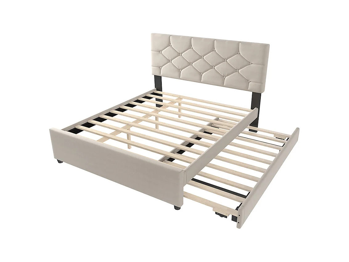 Lit gigogne rembourré 140x200 cm sommier à lattes tiroir à roulettes velours minimaliste beige sans matelas