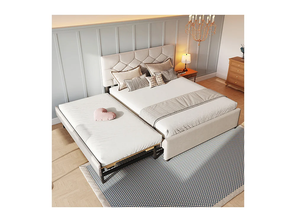 Lit gigogne rembourré 140x200 cm sommier à lattes tiroir à roulettes velours minimaliste beige sans matelas