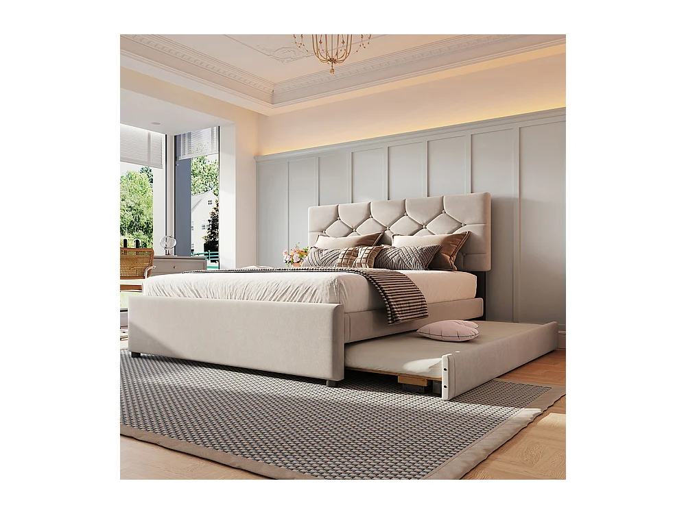 Lit gigogne rembourré 140x200 cm sommier à lattes tiroir à roulettes velours minimaliste beige sans matelas