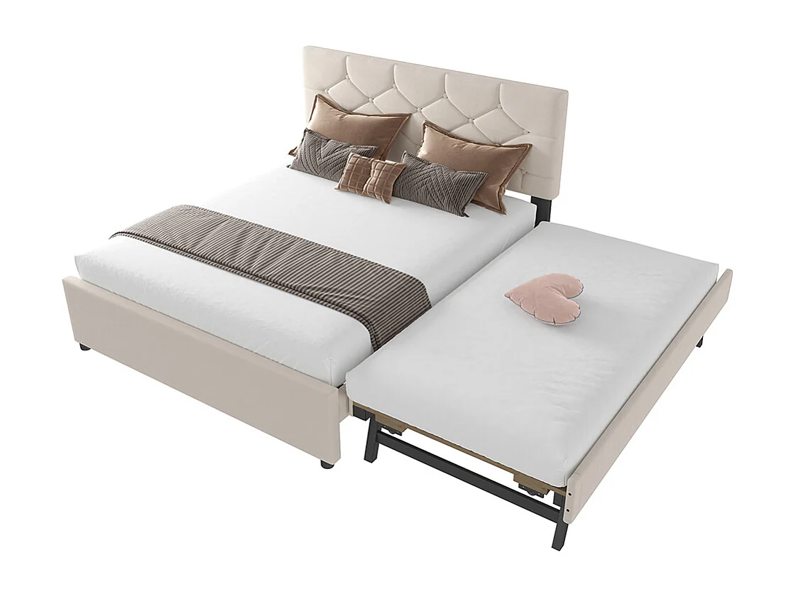 Lit gigogne rembourré 140x200 cm sommier à lattes tiroir à roulettes velours minimaliste beige sans matelas