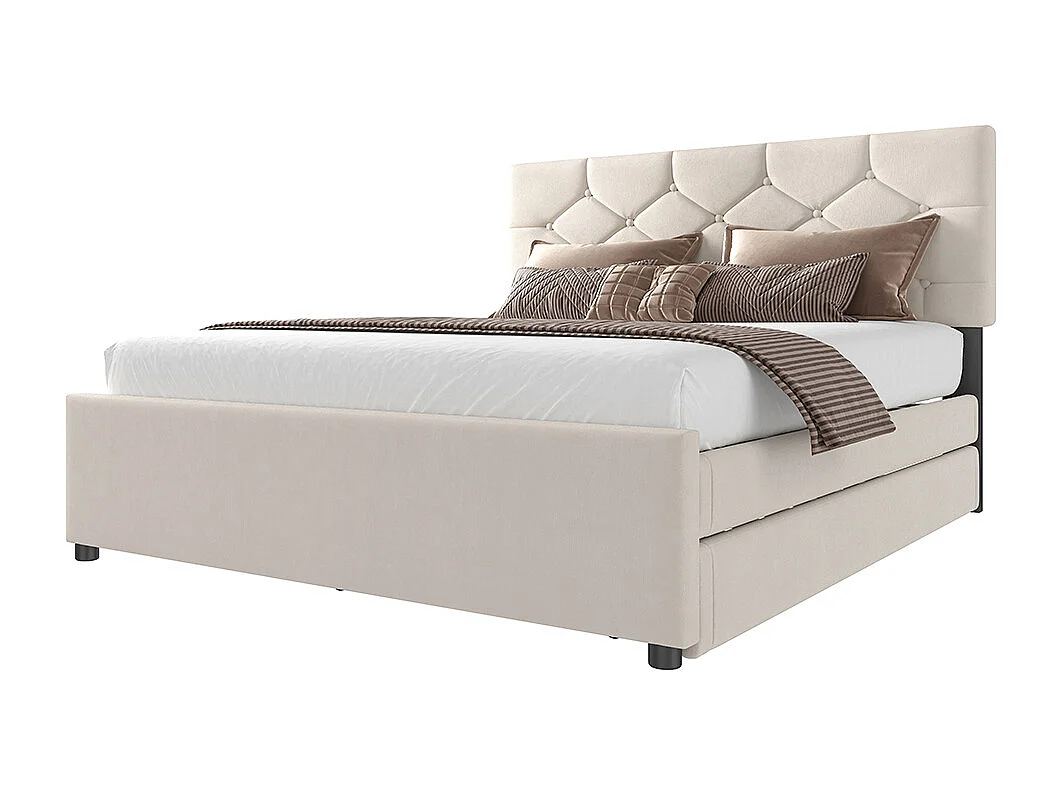 Lit gigogne rembourré 140x200 cm sommier à lattes tiroir à roulettes velours minimaliste beige sans matelas