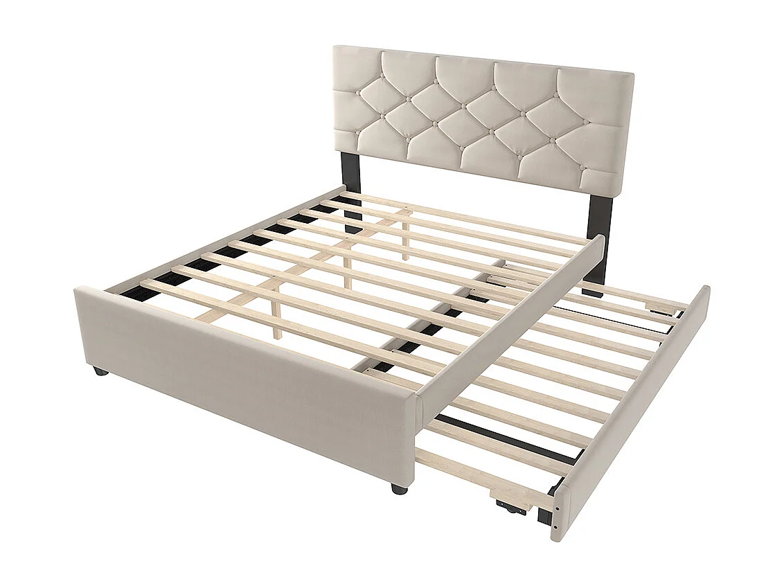 Lit gigogne rembourré 140x200 cm sommier à lattes tiroir à roulettes velours minimaliste beige sans matelas