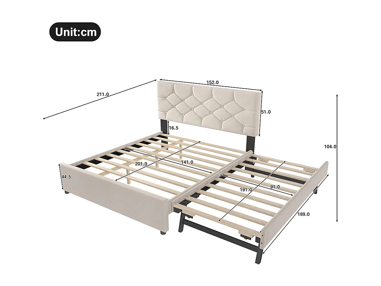 Lit gigogne rembourré 140x200 cm sommier à lattes tiroir à roulettes velours minimaliste beige sans matelas