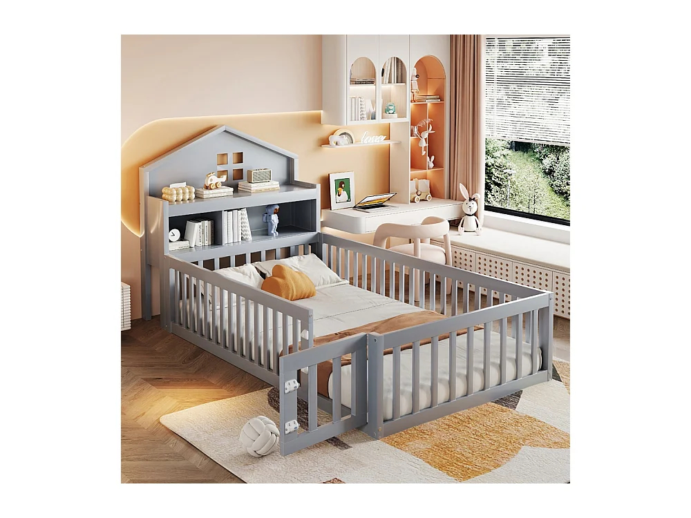Lit enfant en bois 90x200 avec étagères et espace de rangement avec barrière de sécurité et porte avec baguette pour photos avec sommier à lattes gris