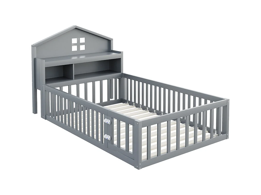 Lit enfant en bois 90x200 avec étagères et espace de rangement avec barrière de sécurité et porte avec baguette pour photos avec sommier à lattes gris