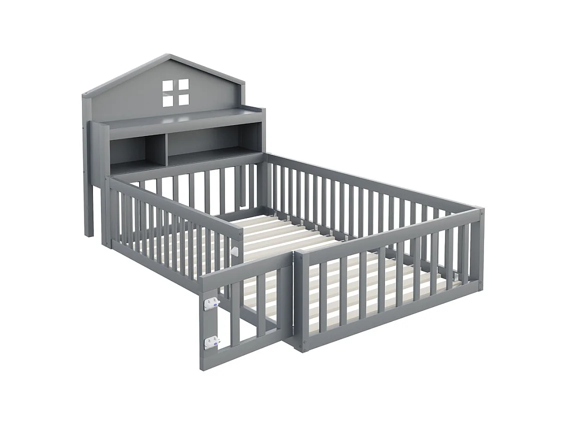 Lit enfant en bois 90x200 avec étagères et espace de rangement avec barrière de sécurité et porte avec baguette pour photos avec sommier à lattes gris