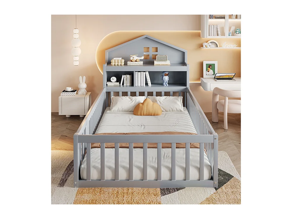 Lit enfant en bois 90x200 avec étagères et espace de rangement avec barrière de sécurité et porte avec baguette pour photos avec sommier à lattes gris