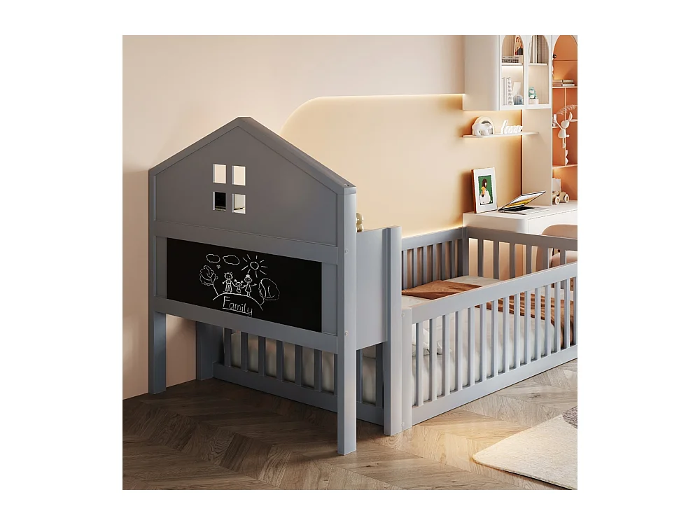 Lit enfant en bois 90x200 avec étagères et espace de rangement avec barrière de sécurité et porte avec baguette pour photos avec sommier à lattes gris